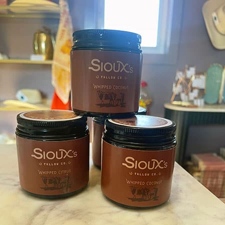 Sioux's Tallow Co whipped body butters in various flavors.